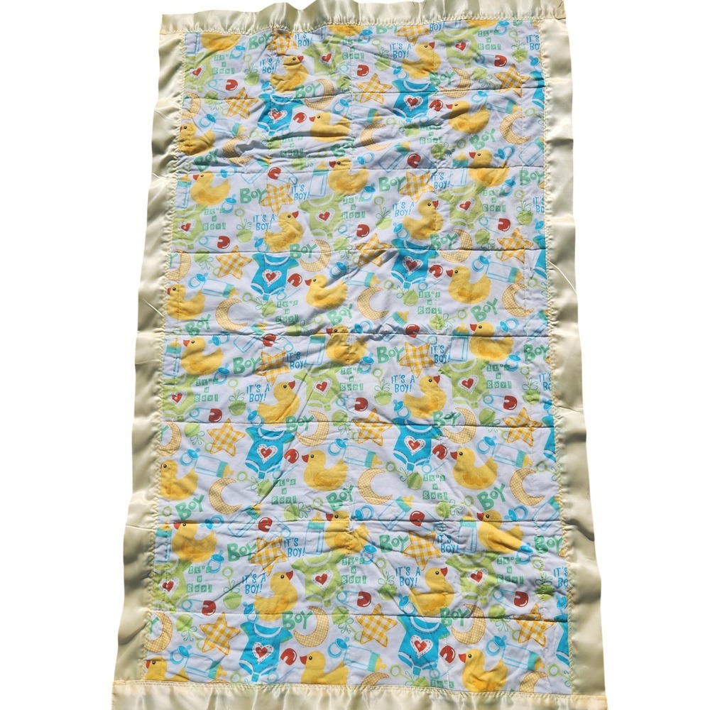 Baby Blanket Ducks It's a Boy Print Blue Backing Satin Trim quilt handmade new